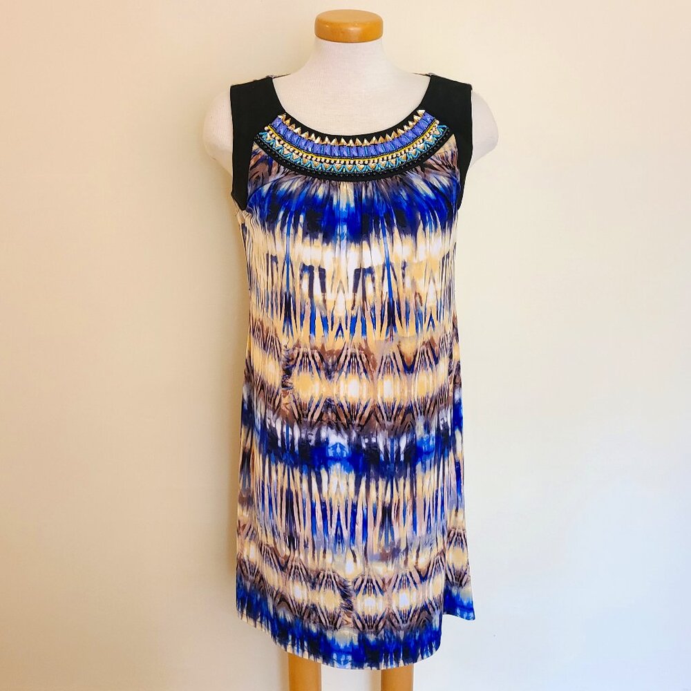 Laura Petite Sleeveless Slip on Colourful Dress with Beaded Collar